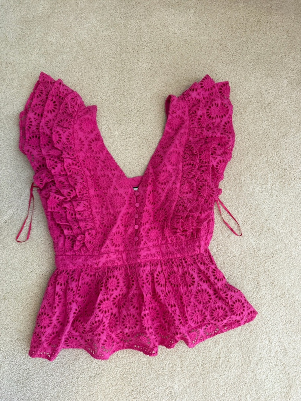 J. Crew Fuchsia Eyelet Lace Ruffle Peplum Top